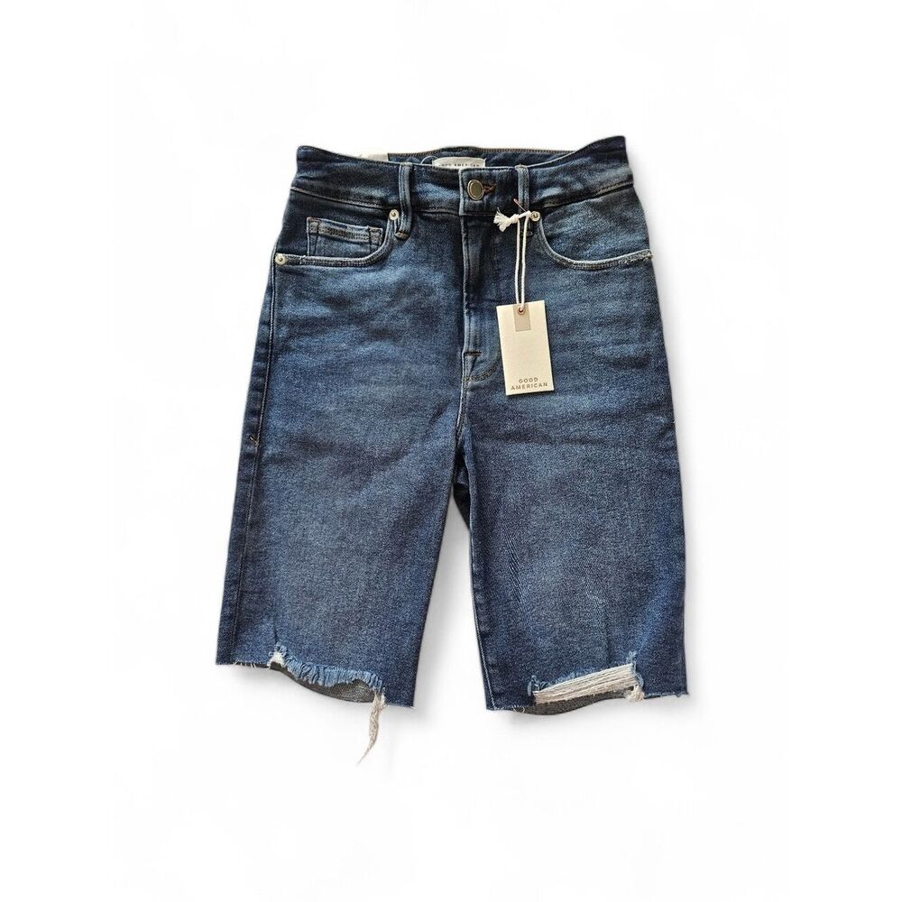 Good American High Rise Bermuda Denim Shorts Dark Indigo Raw Hem Size 0 / 25